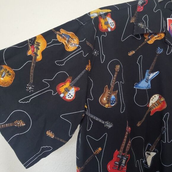 Vintage Dem Crazy Shirt Mens L Guitar All Over Print Button Up Short Sleeve Blk - Picture 11 of 16